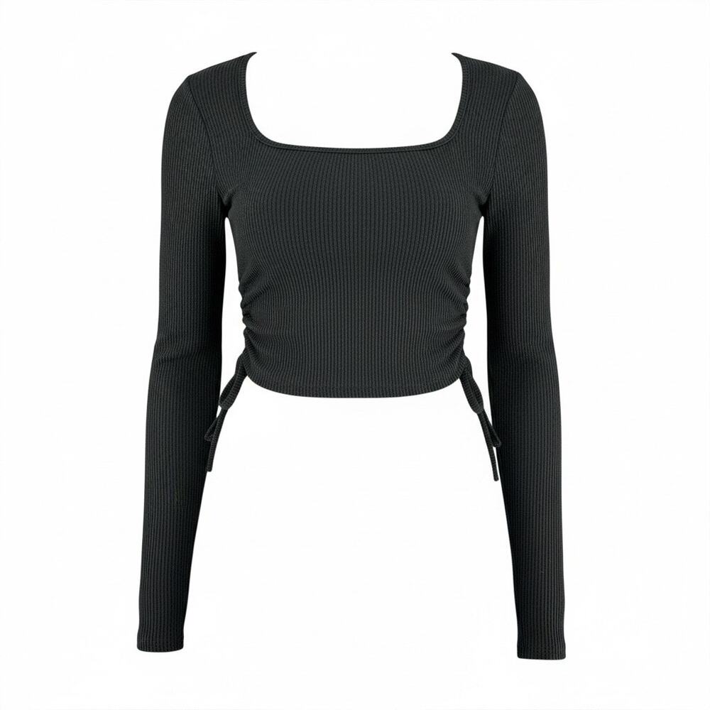 Pretty Little Thing Black Cropped Long Sleeve Top Side Ties Rounded Square Neck